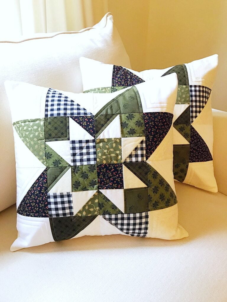 Cottage Star Pillow pattern coordinates with the table runner pattern,.