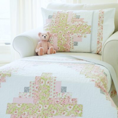 Log Cabin Jubilee Quilt Pillow Pattern with Bear Log Cabin Jubilee Pillow Pattern on Chaise with Pink Bear