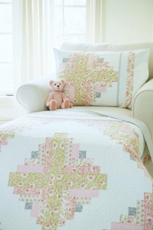 Log Cabin Jubilee Pillow Pattern on Chaise with Pink Bear