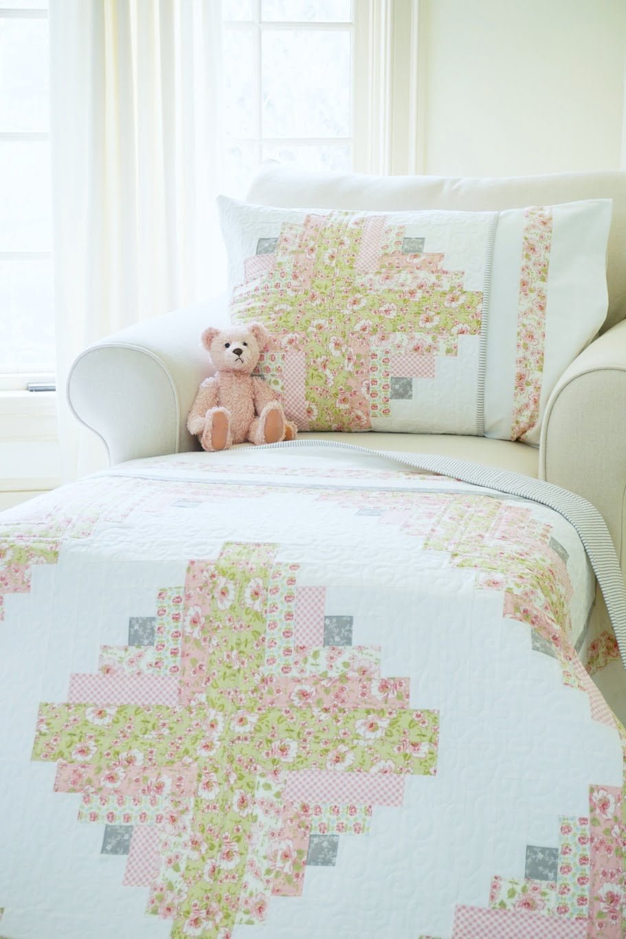 Log Cabin Jubilee Quilt on Chaise with Pink Bear