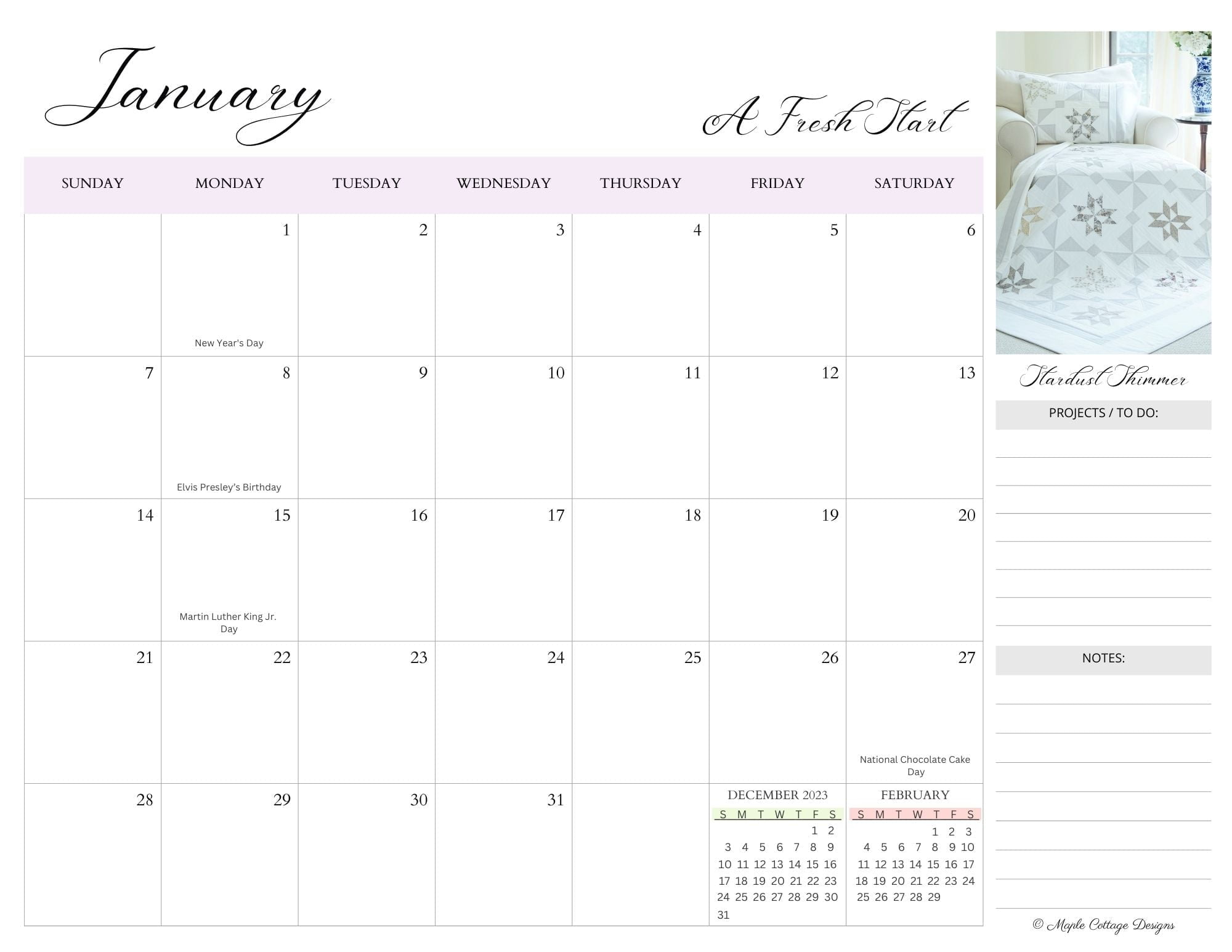 Sample January 2024 calendar page