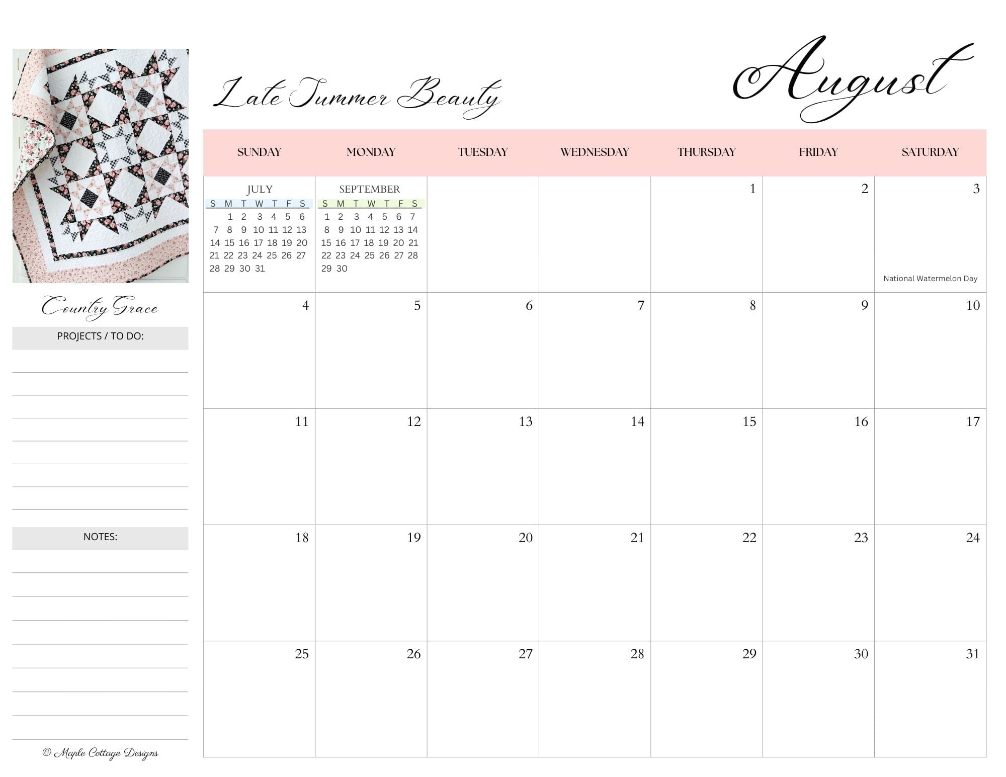 Sample August 2024 Calendar page