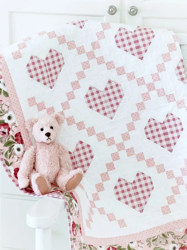 Hearts Delight quilt with pink bear